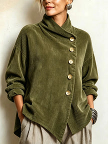 Damen-Pullover aus breitgeripptem Cord mit Stehkragen und goldenen Knöpfen