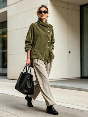 Damen-Pullover aus breitgeripptem Cord mit Stehkragen und goldenen Knöpfen