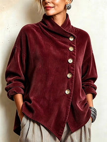 Damen-Pullover aus breitgeripptem Cord mit Stehkragen und goldenen Knöpfen