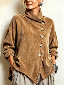Damen-Pullover aus breitgeripptem Cord mit Stehkragen und goldenen Knöpfen